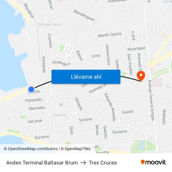 Anden Terminal Baltasar Brum to Tres Cruces map