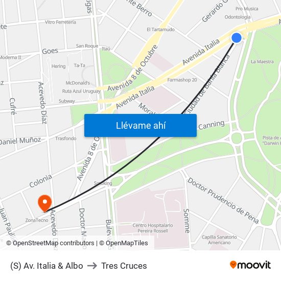 (S) Av. Italia & Albo to Tres Cruces map