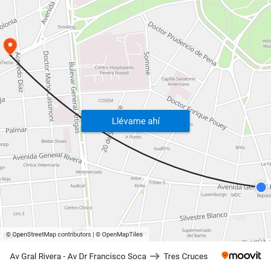 Av Gral Rivera - Av Dr Francisco Soca to Tres Cruces map