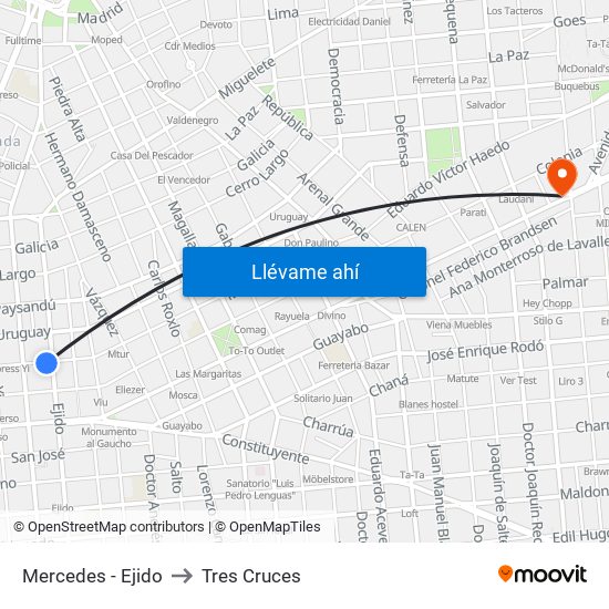 Mercedes - Ejido to Tres Cruces map