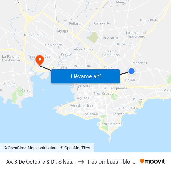 Av. 8 De Octubre & Dr. Silvestre Pérez to Tres Ombues Pblo Victoria map