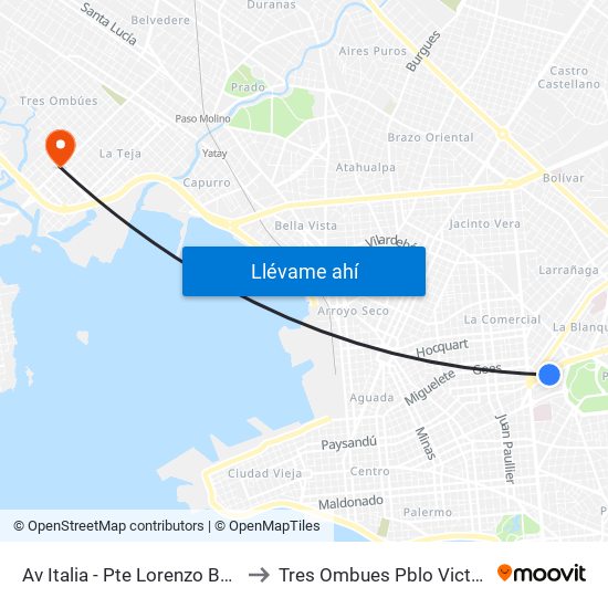 Av Italia - Pte Lorenzo Batlle to Tres Ombues Pblo Victoria map