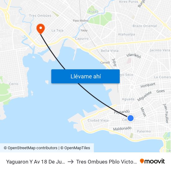 Yaguaron Y Av 18 De Julio to Tres Ombues Pblo Victoria map
