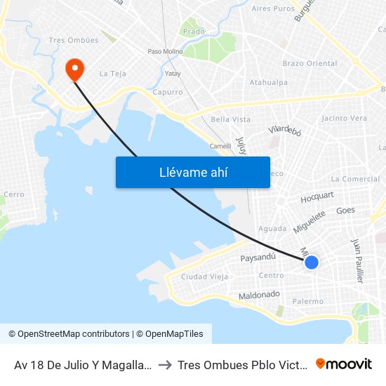 Av 18 De Julio Y Magallanes to Tres Ombues Pblo Victoria map