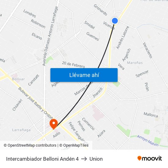 Intercambiador Belloni Andén 4 to Union map