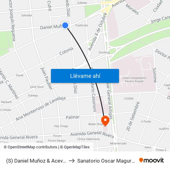 (S) Daniel Muñoz & Acevedo Díaz to Sanatorio Oscar Magurno Souto map