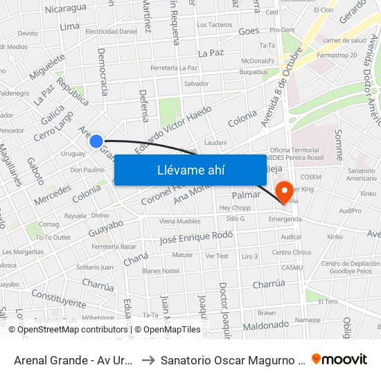 Arenal Grande - Av Uruguay to Sanatorio Oscar Magurno Souto map