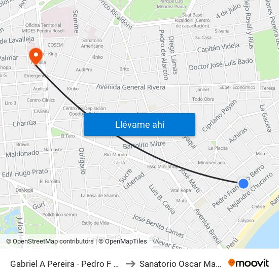 Gabriel A Pereira - Pedro F Berro Falta 145 to Sanatorio Oscar Magurno Souto map