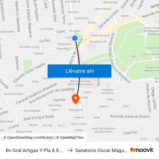 Bv Gral Artigas Y Pla A 8 De Octubre to Sanatorio Oscar Magurno Souto map