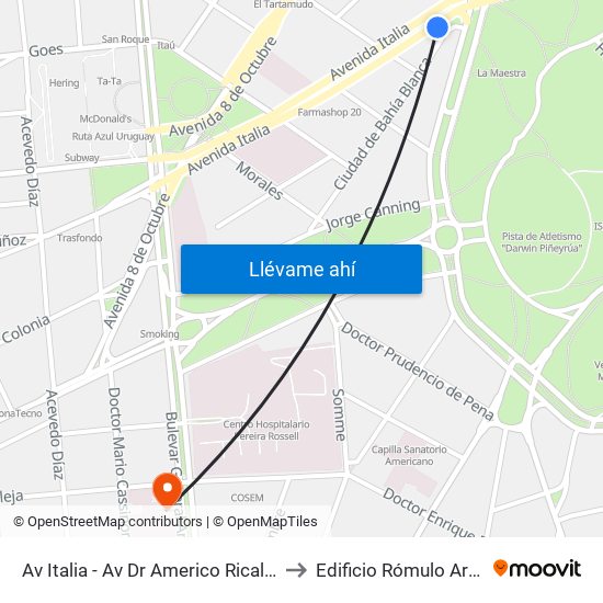 Av Italia - Av Dr Americo Ricaldoni to Edificio Rómulo Ardao map