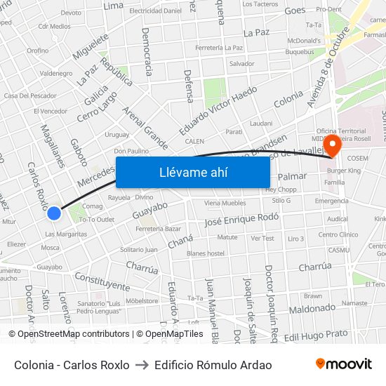 Colonia - Carlos Roxlo to Edificio Rómulo Ardao map