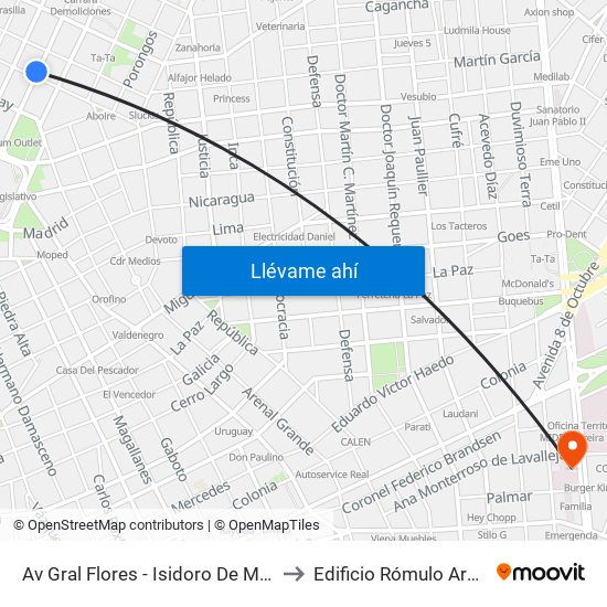 Av Gral Flores - Isidoro De Maria to Edificio Rómulo Ardao map