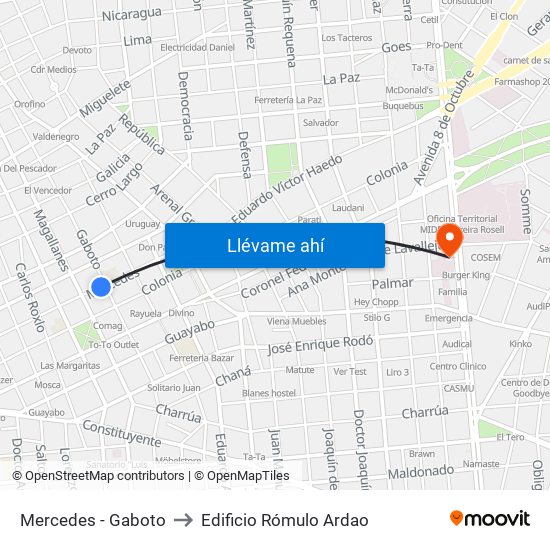 Mercedes - Gaboto to Edificio Rómulo Ardao map
