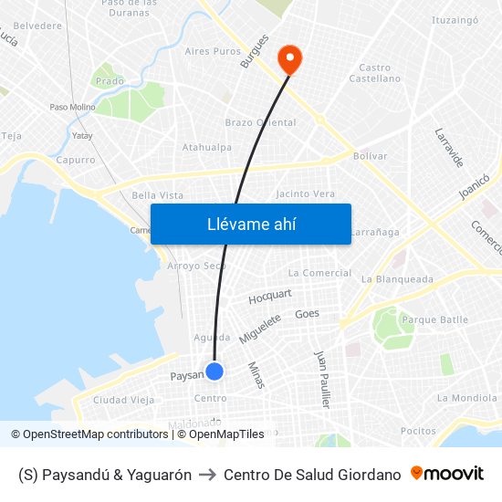 (S) Paysandú & Yaguarón to Centro De Salud Giordano map