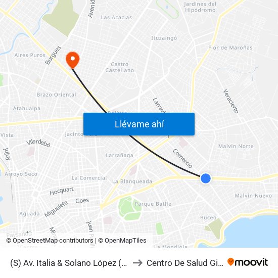 (S) Av. Italia & Solano López (Comercio) to Centro De Salud Giordano map