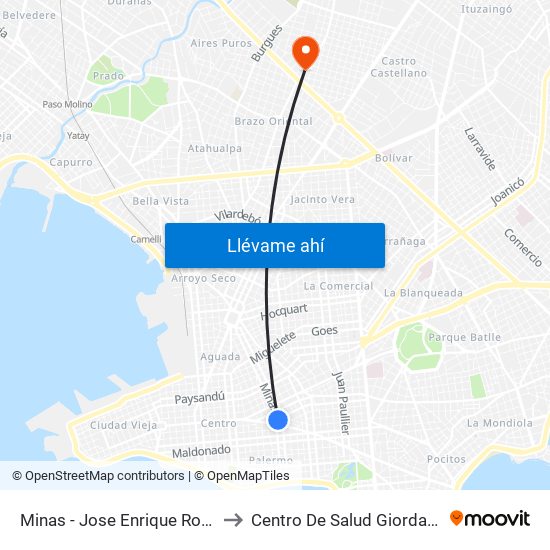 Minas - Jose Enrique Rodo to Centro De Salud Giordano map