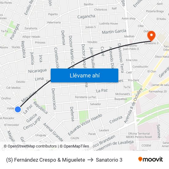 (S) Fernández Crespo & Miguelete to Sanatorio 3 map