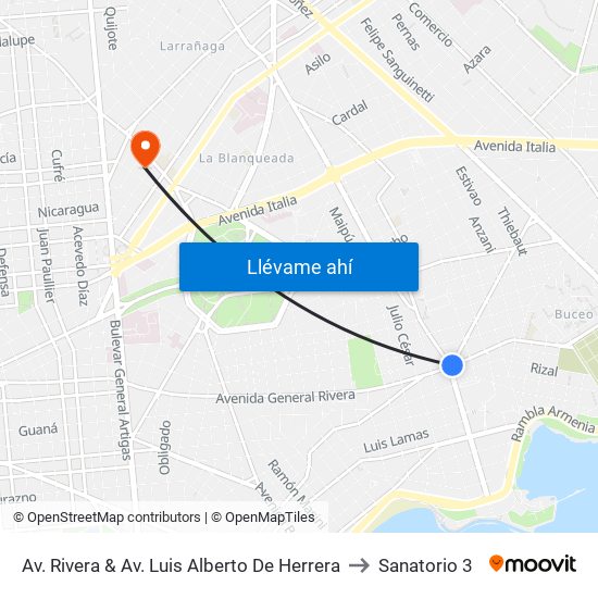 Av. Rivera & Av. Luis Alberto De Herrera to Sanatorio 3 map