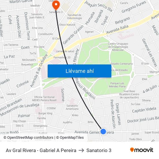 Av Gral Rivera - Gabriel A Pereira to Sanatorio 3 map