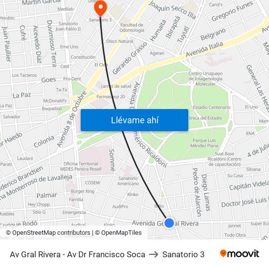 Av Gral Rivera - Av Dr Francisco Soca to Sanatorio 3 map