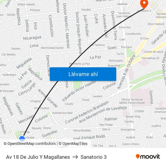 Av 18 De Julio Y Magallanes to Sanatorio 3 map