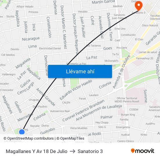 Magallanes Y Av 18 De Julio to Sanatorio 3 map