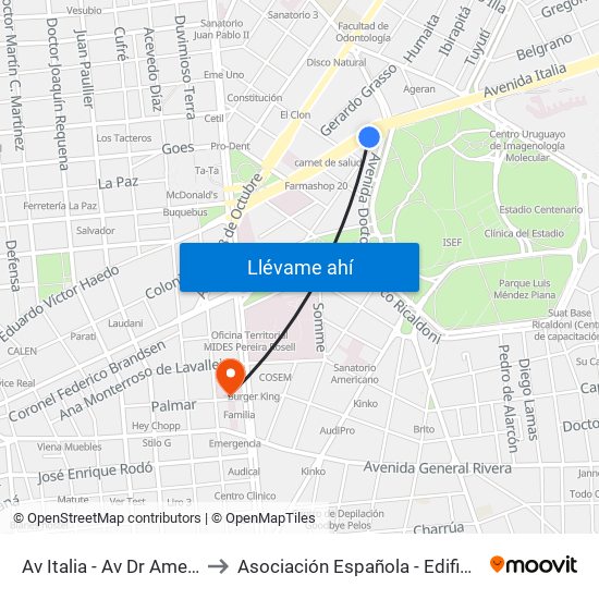 Av Italia - Av Dr Americo Ricaldoni to Asociación Española - Edificio Oscar Magurno map