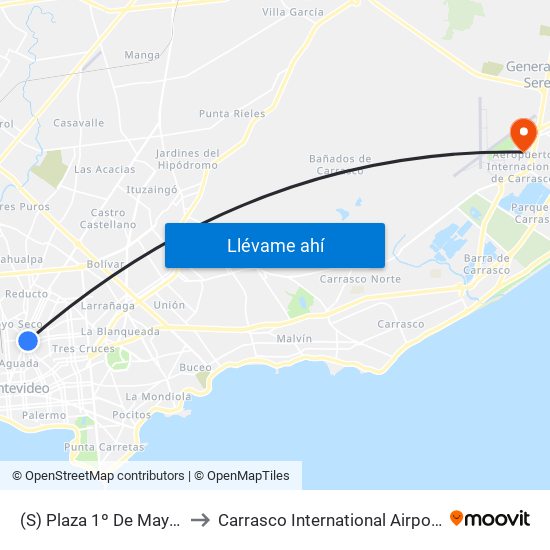 (S) Plaza 1º De Mayo (Av. De Las Leyes & Dr. Luis P. Lenguas) to Carrasco International Airport (MVD) (Aeropuerto Internacional de Carrasco (MVD)) map