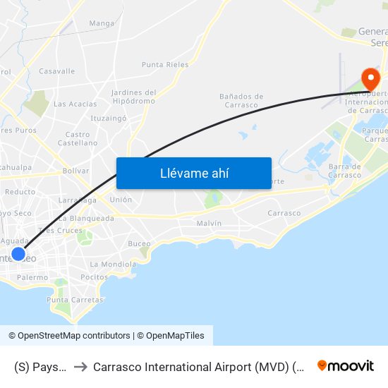 (S) Paysandú & Ejido to Carrasco International Airport (MVD) (Aeropuerto Internacional de Carrasco (MVD)) map