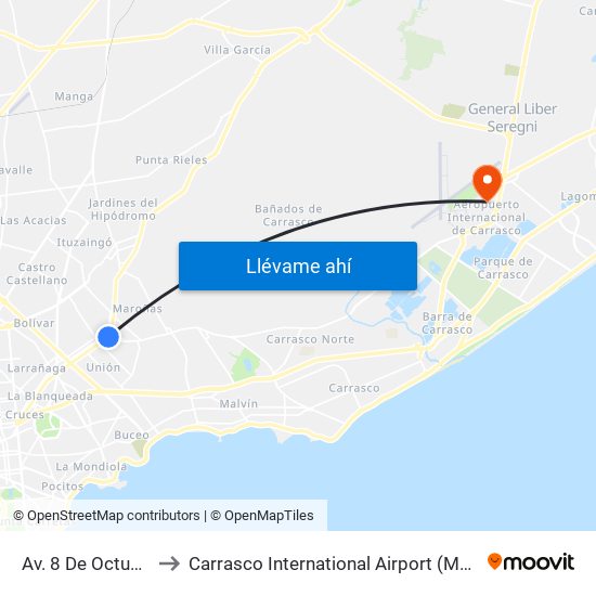 Av. 8 De Octubre & Dr. Silvestre Pérez to Carrasco International Airport (MVD) (Aeropuerto Internacional de Carrasco (MVD)) map