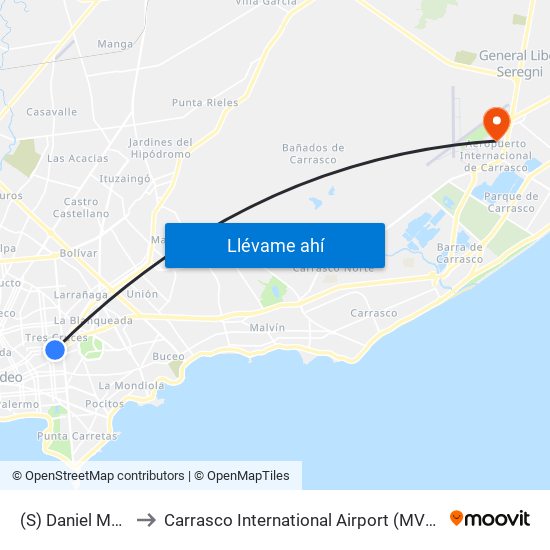 (S) Daniel Muñoz & Acevedo Díaz to Carrasco International Airport (MVD) (Aeropuerto Internacional de Carrasco (MVD)) map
