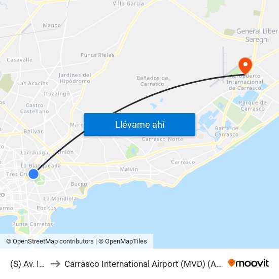 (S) Av. Italia & Albo to Carrasco International Airport (MVD) (Aeropuerto Internacional de Carrasco (MVD)) map