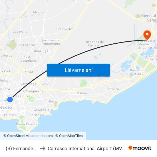 (S) Fernández Crespo & Miguelete to Carrasco International Airport (MVD) (Aeropuerto Internacional de Carrasco (MVD)) map