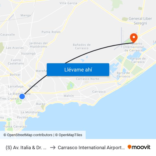 (S) Av. Italia & Dr. Brito Foresti (Hospital De Clinicas) to Carrasco International Airport (MVD) (Aeropuerto Internacional de Carrasco (MVD)) map