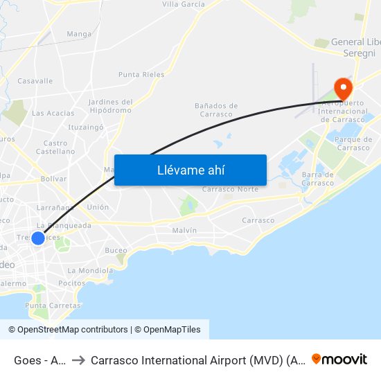 Goes - Acevedo Diaz to Carrasco International Airport (MVD) (Aeropuerto Internacional de Carrasco (MVD)) map