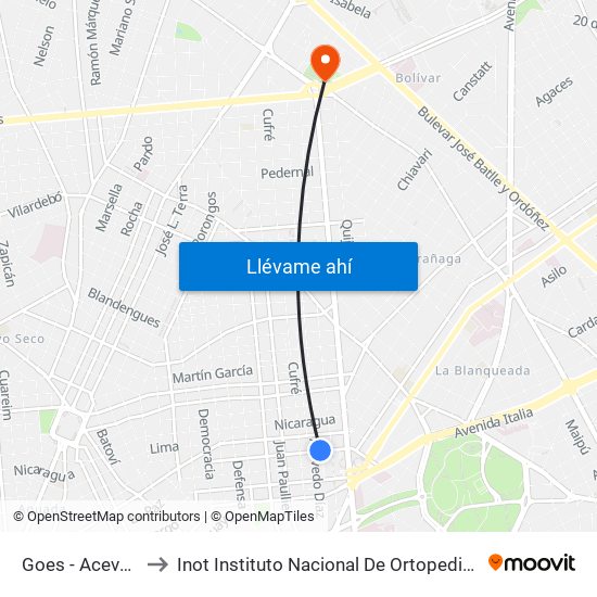 Goes - Acevedo Diaz to Inot Instituto Nacional De Ortopedia Y Traumatología map