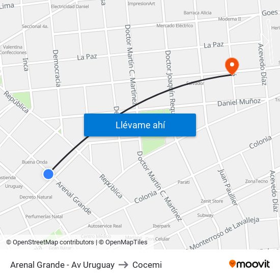 Arenal Grande - Av Uruguay to Cocemi map