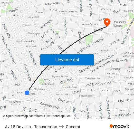 Av 18 De Julio - Tacuarembo to Cocemi map