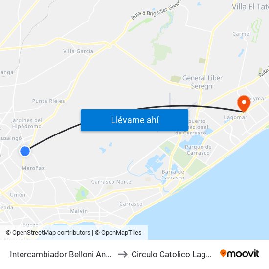 Intercambiador Belloni Andén 4 to Circulo Catolico Lagomar map