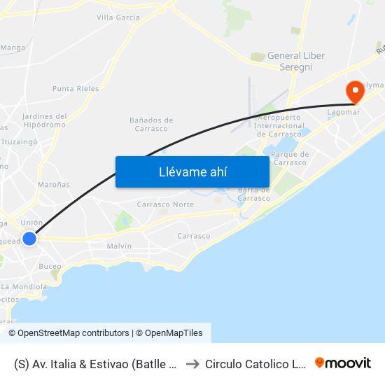 (S) Av. Italia & Estivao (Batlle Y Ordóñez) to Circulo Catolico Lagomar map