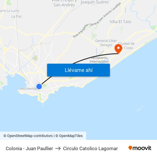 Colonia - Juan Paullier to Circulo Catolico Lagomar map
