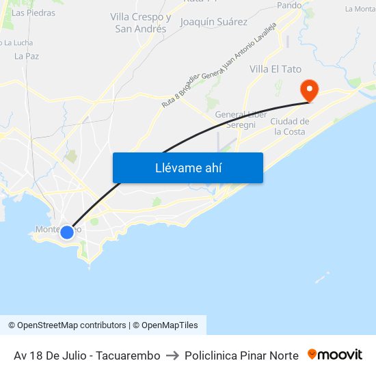 Av 18 De Julio - Tacuarembo to Policlinica Pinar Norte map