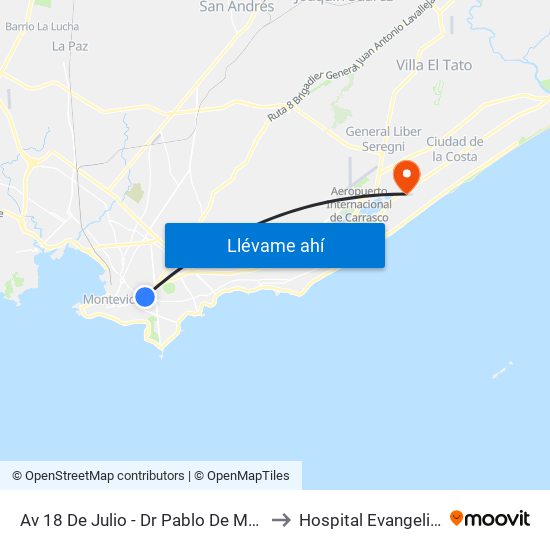 Av 18 De Julio - Dr Pablo De Maria to Hospital Evangelico map