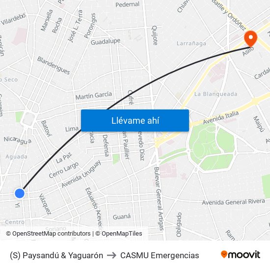 (S) Paysandú & Yaguarón to CASMU Emergencias map