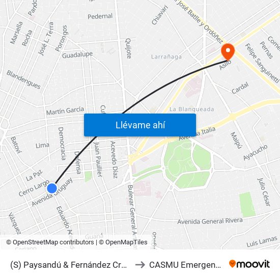 (S) Paysandú & Fernández Crespo to CASMU Emergencias map