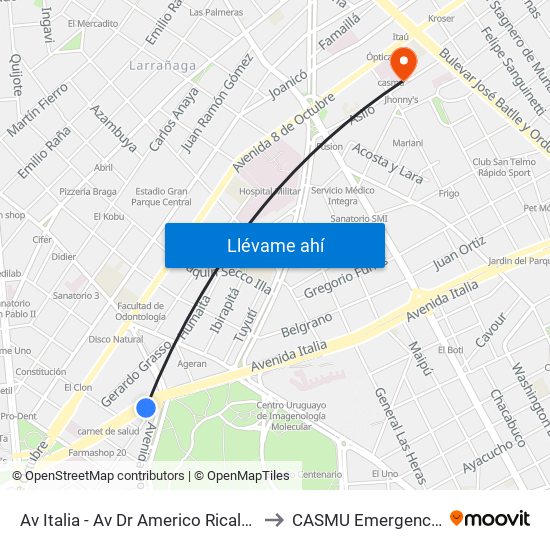Av Italia - Av Dr Americo Ricaldoni to CASMU Emergencias map
