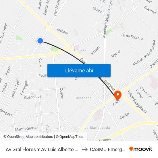 Av Gral Flores Y Av Luis Alberto De Herrera to CASMU Emergencias map
