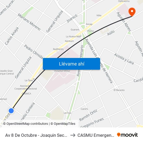 Av 8 De Octubre - Joaquin Secco Illa to CASMU Emergencias map