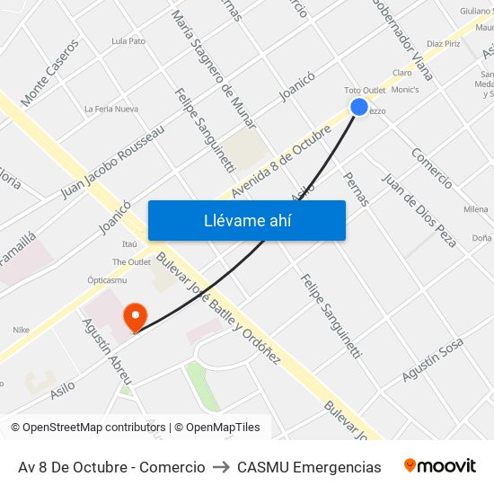 Av 8 De Octubre - Comercio to CASMU Emergencias map