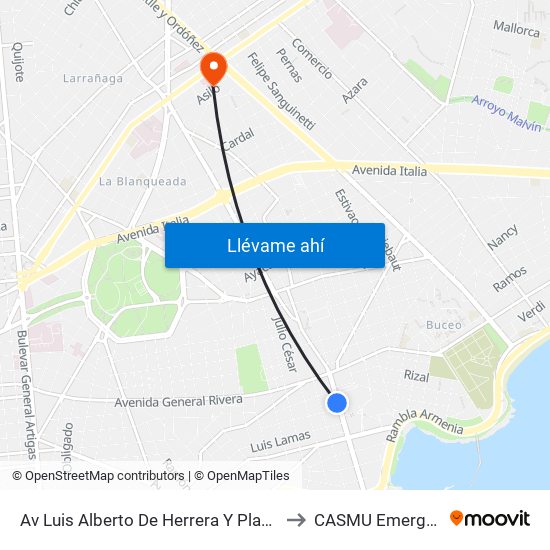 Av Luis Alberto De Herrera Y Placido Ellauri to CASMU Emergencias map